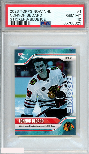 2023 TOPPS NOW NHL STICKERS CONNOR BEDARD #1 BLUE ICE 3 OF 10 RC PSA 10 GEM MT