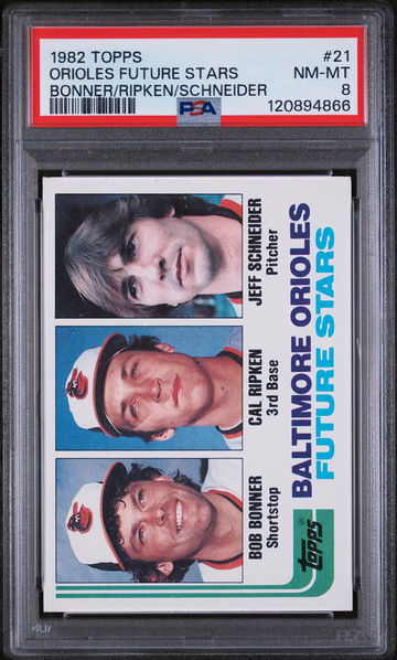 1982 Topps Bob Bonner / Cal Ripken / Jeff Schneider Orioles Future Stars PSA 8