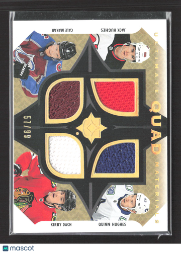 2020 Upper Deck Ultimate Collection Ultimate Quad Materials Kirby Dach Cale Makar Quinn Hughes Jack Hughes #UQM-JQCK /99