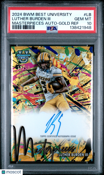 2024 Bowman Best University Bowman Masterpieces Autographs Luther Burden III #LB Gold Ref /50 Rookie PSA 10