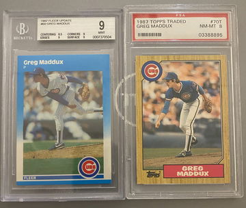 1987 Greg Maddux Fleer BGS 9 AND Topps PSA 8