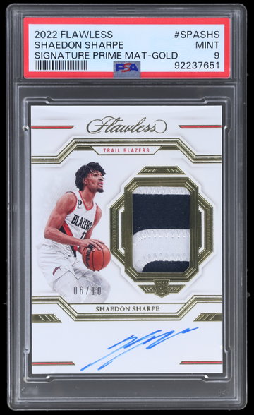 2022 Panini Flawless Shaedon Sharpe Signature Prime Material Gold PSA 9 RC
