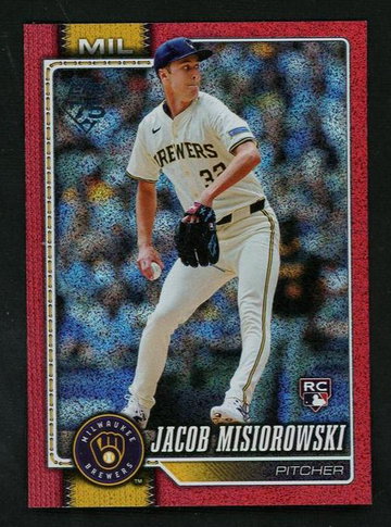 2025 Topps 10 Jacob Misiorowski Series One Red Rookie /5 Milwaukee Brewers