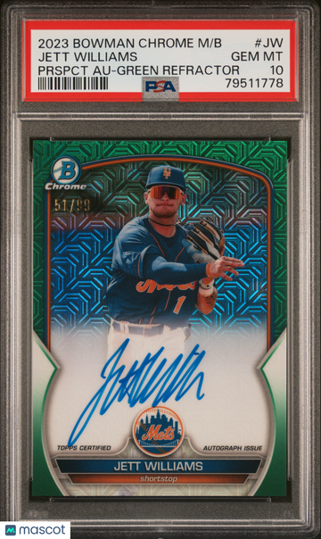2023 Bowman Mega Box Chrome Prospect Autographs Jett Williams #JW Prspct Green Ref /99 PSA 10