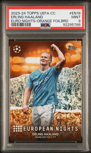 2023-24 TOPPS UEFA UCL EUROPEAN NIGHTS ERLING HAALAND ORANGE #EN18 /25 PSA 9