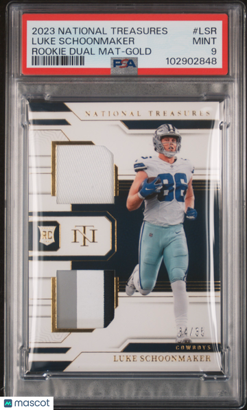 2023 Panini National Treasures Rookie Dual Materials Luke Schoonmaker #LSR Gold /35 Rookie PSA 9