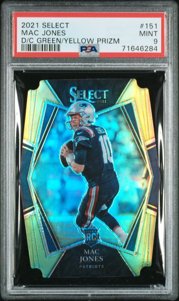 2021 PANINI SELECT MAC JONES DIE CUT GREEN YELLOW PRIZM #151 PSA 9