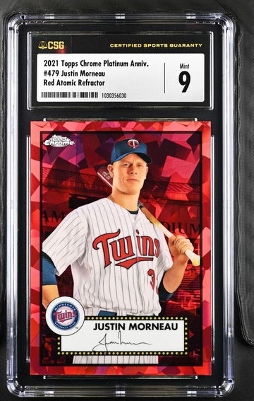 2021 Topps Chrome Platinum Anniversary Red Atomic Refractor Justin Morneau 02/100 CSG 9 MINT