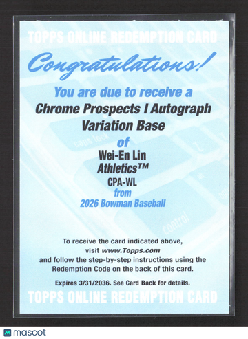 2026 Bowman Baseball Wei-En Lin #CPA-WL Redemption Card