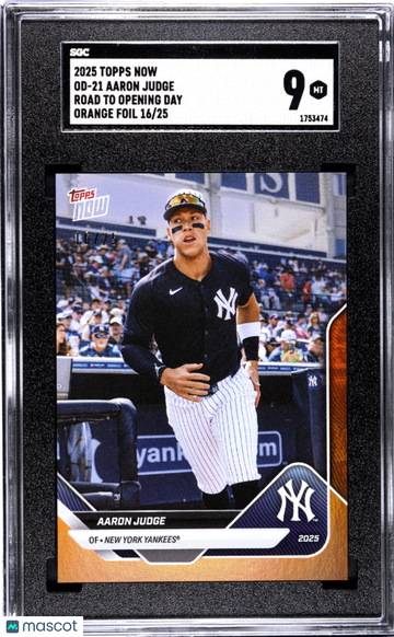 2025 Topps Now Aaron Judge #OD-21 Road Opening Day Orange Foil SGC 9