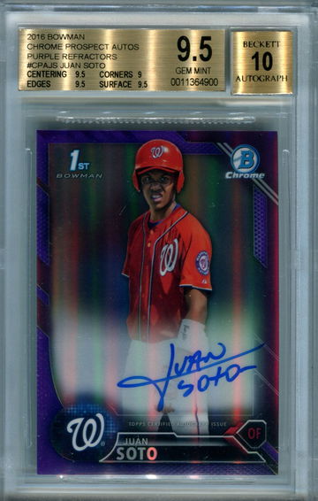 2016 Bowman Chrome Juan Soto purple refractor /250 BGS 9.5 auto 10