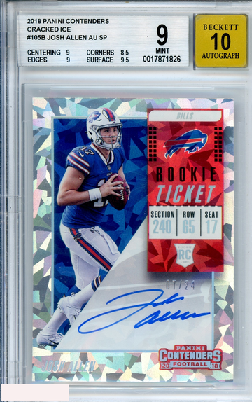 2018 PANINI CONTENDERS JOSH ALLEN#105B CRACKED ICE SP OF 24 RC BGS 9 AUTO 10