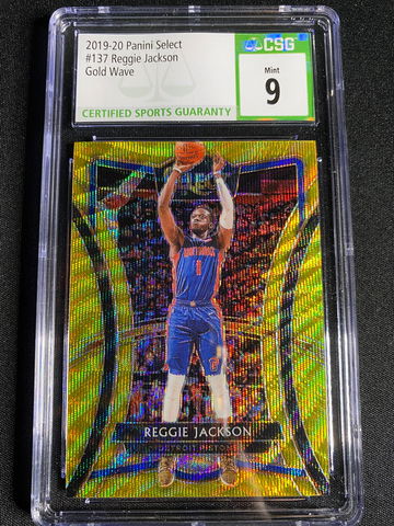 2019-20 Panini Reggie Jackson Select Prizm Gold Wave Premier Level SSP #137 CSG 9 