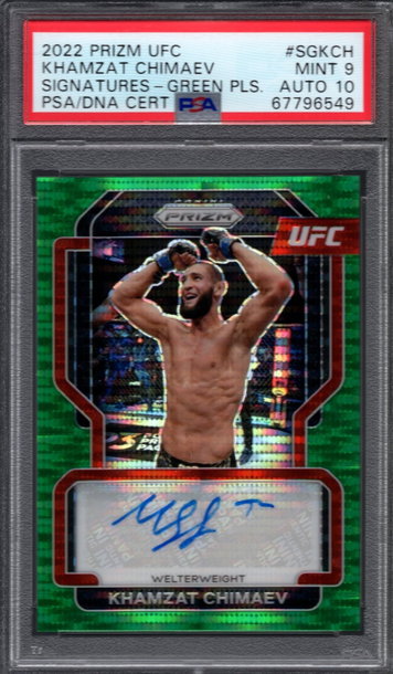 2022 PRIZM UFC KHAMZAT CHIMAEV  SIGNATURES- GREEN PLS. PSA 9 AUTO 10