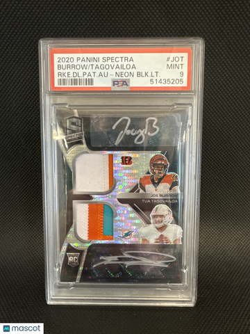 2020 Panini Spectra Rookie Dual Patch Autographs Tagovailoa Burrow RKE. DL. Pat. Au Neon BLK. LT. PSA 9