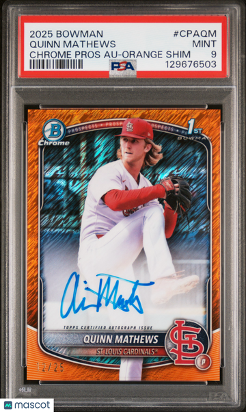 2025 Bowman Chrome Prospect Autographs Quinn Mathews #CPAQM Orange Shim /25 PSA 9