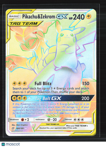 2019 Team Up Pikachu & Zekrom GX Holo Secret Rare FA #184/181
