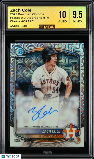 2025 Bowman Chrome Prospect Autographs Zach Cole #CPAZC HTA Choice /150 MBA 9.5