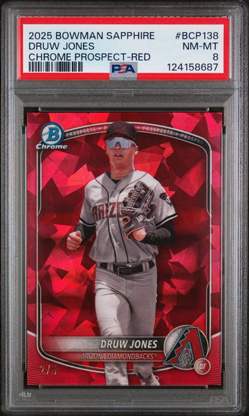 2025 Bowman Sapphire Edition Chrome Prospects Red Druw Jones #BCP138 /5 PSA 8