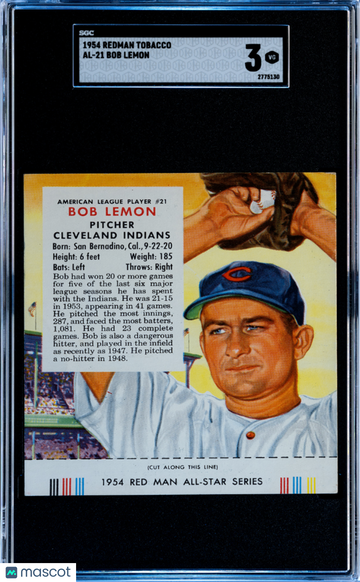 1954 Redman Tobacco Bob Lemon #AL-21 SGC 3