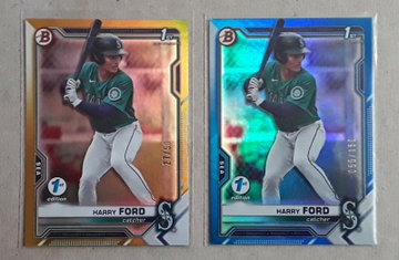 2021 Bowman Draft 1st Edition Harry Ford Gold & Blue Foil Refractor #/50 & #/150