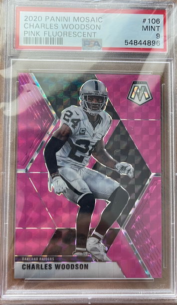 2020 Mosaic Football Charles Woodson 106 Pink Fluorescent Prizm /10 PSA 9