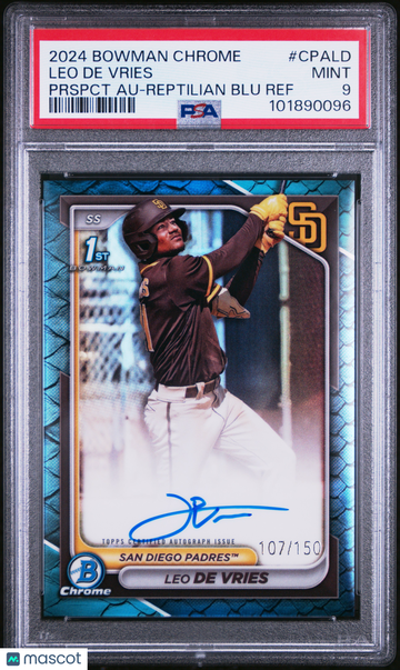 2024 Bowman Chrome Prospect Autographs Leo De Vries #CPALD Prspct Reptilian Blu Ref /150 PSA 9