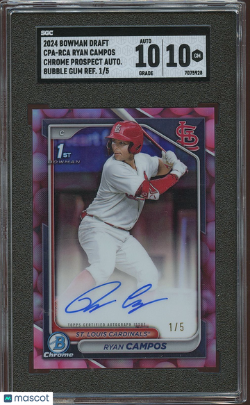 2024 Bowman Ryan Campos #CPA-RCA Chrome Prospect Autograph Bubble Gum Refractor 5 Rookie SGC 10 Auto 10