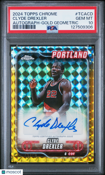 2024 Topps Chrome Topps Chrome Autographs Clyde Drexler #TCACD Gold Geometric /50 PSA 10