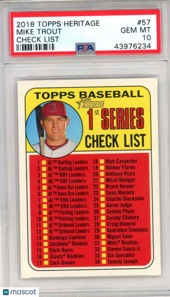 2018 Topps Heritage Mike Trout #57 Check List PSA 10