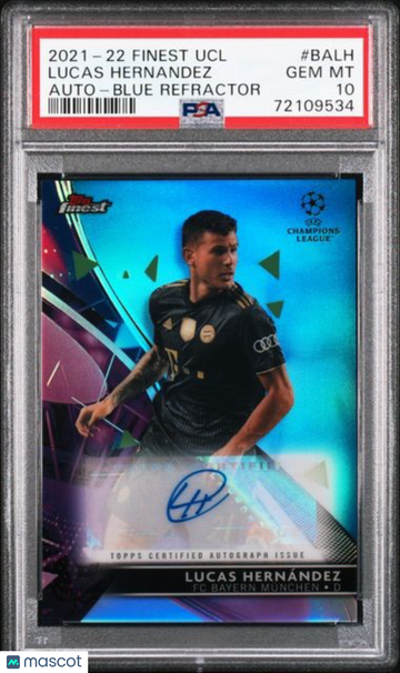 2021-2022 Topps Finest UEFA Champions League Autographs Lucas Hernandez #BALH Blue Refractor PSA 10