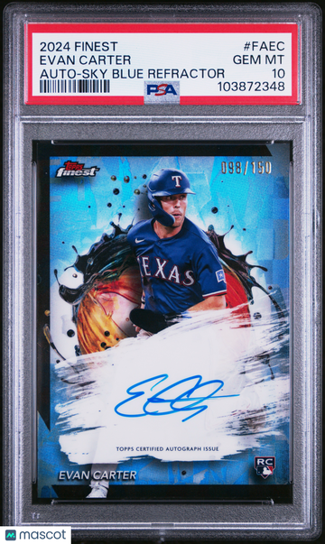2024 Topps Finest Finest Autographs Evan Carter #FAEC Sky Blue Refractor 098/150 PSA 10