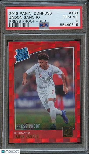 2018-19 Panini Donruss Jadon Sancho #189 Press Proof Red Parallel/Variety Rookie Base Set PSA 10