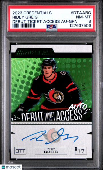 2023 Upper Deck Credentials Debut Ticket Access Autographs Ridly Greig #DTAARG GRN /25 Rookie PSA 8