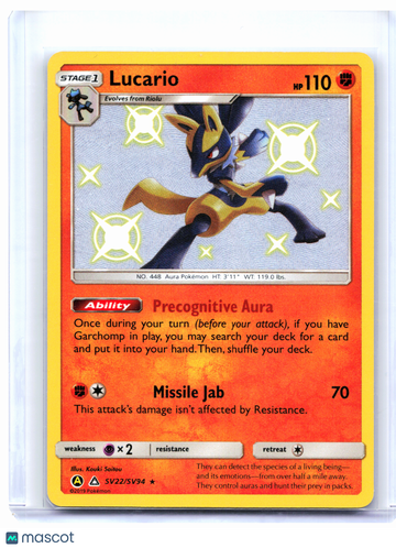 2019 Pokemon—Lucario #SV22/SV94 Hidden Fates: Shiny Vault—Shiny Holo Rare Holo