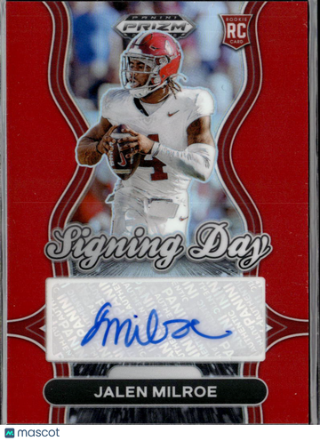 Jalen Milroe 2025 Panini Prizm Draft Picks Signing Day RC Auto Red /100 Alabama Crimson Tide