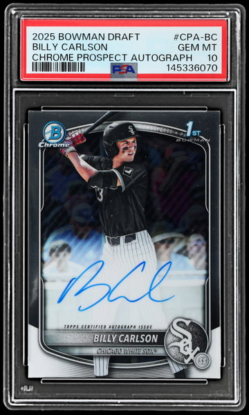 2025 Bowman Draft Billy Carlson Chrome Prospect Autograph PSA 10