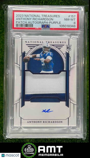 Graded 2023 Panini National Treasures Anthony Richardson #157 Rookie Patch Auto Purple /49 PSA 8