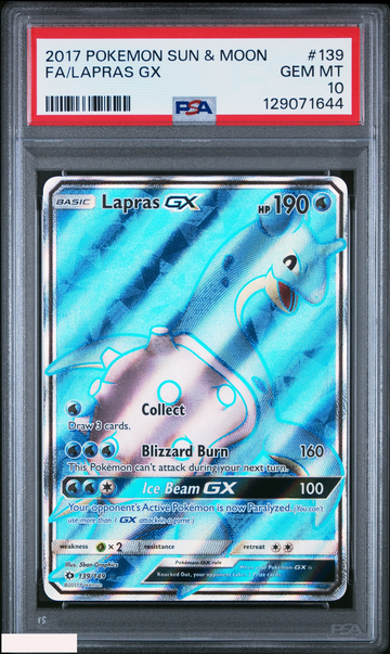 2017 POKEMON SUN AND MOON FA LAPRAS GX #139 PSA 10 GEM MT