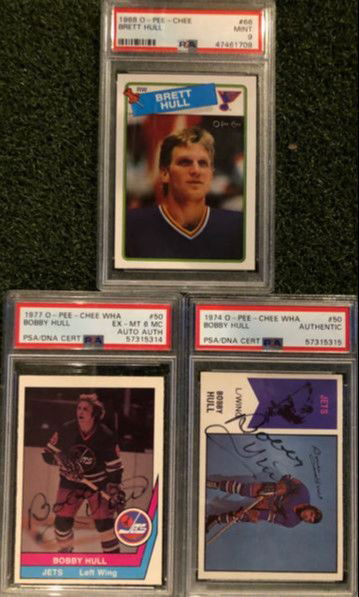HULL FATHER/SON LOT: 1989 O-PEE-CHEE BRETT HULL ROOKIE CARD PSA9 + 2 AUTHENTIC BOBBY HULL AUTOGRAPHS *SHIPS FROM CANADA*