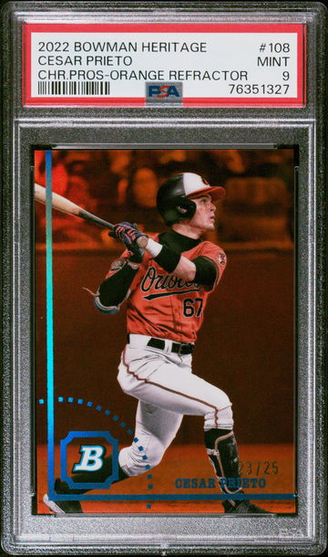 2022 Topps Bowman Heritage Orange Refractor Cesar Prieto #BHPC-108 /25 PSA 9