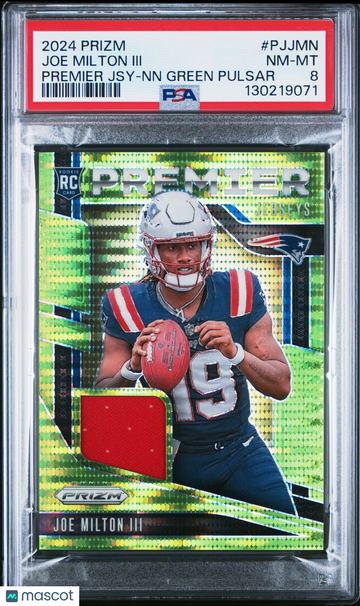 2024 Panini Prizm Premier Jerseys Joe Milton III #PJJMN Premier Jsy-Nn Green Pulsar MEM PSA 8 New England Patriots