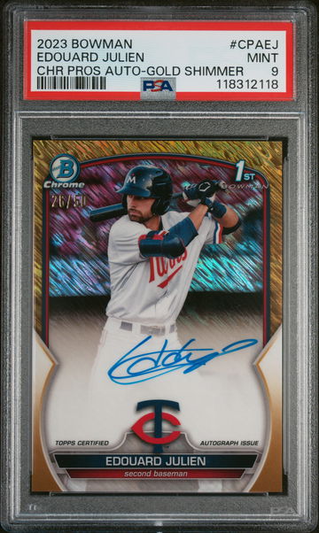 2023 Bowman Chrome Prospect Autograph Gold Shimmer Refractor Edouard Julien #CPAEJ /50 PSA 9