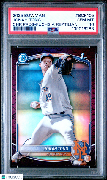 2025 Bowman Chrome Prospects Jonah Tong #BCP105 Fuchsia Reptilian Low Pop Rookie PSA 10