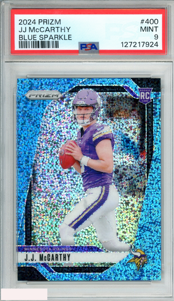 2024 PANINI PRIZM JJ MCCARTHY #400 BLUE SPARKLE 24 OF 96 ROOKIE RC PSA 9 MINT