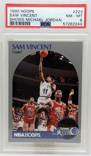 1990 SkyBox NBA Hoops Sam Vincent #223 PSA 8 Shows Michael Jordan in 12