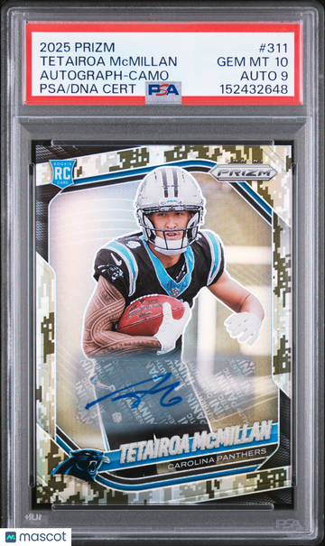 2025 Panini Prizm Tetairoa Mcmillan #311 Autograph Camo /25 Rookie PSA 10 Auto 9