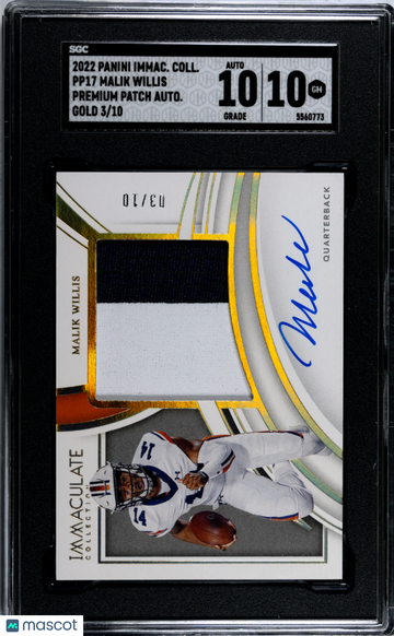 2022 Panini Immaculate Colllection Malik Willis #PP17 Premium Patch Autograph Gold /10 SGC 10 Auto 10