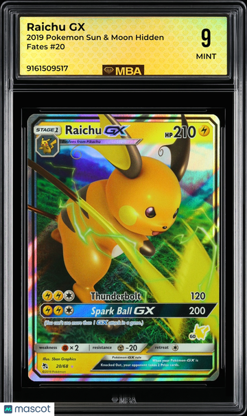 2019 Pokemon Sun & Moon Hidden Fates Raichu GX #20 MBA 9