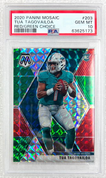 2020 Panini Mosaic Tua Tagovailoa RC #203 Red/Green Choice SP PSA 10 Gem Mint